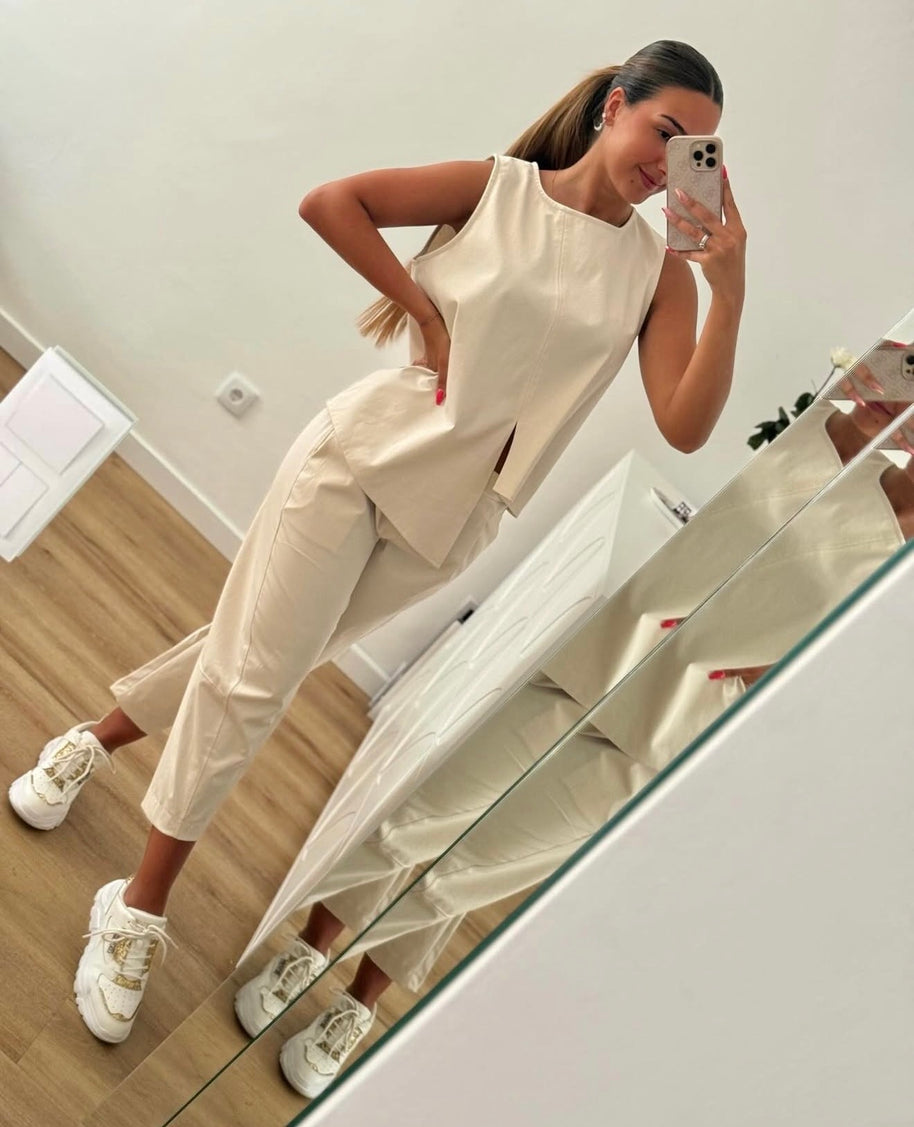 Conjunto assimétrico bege pérola