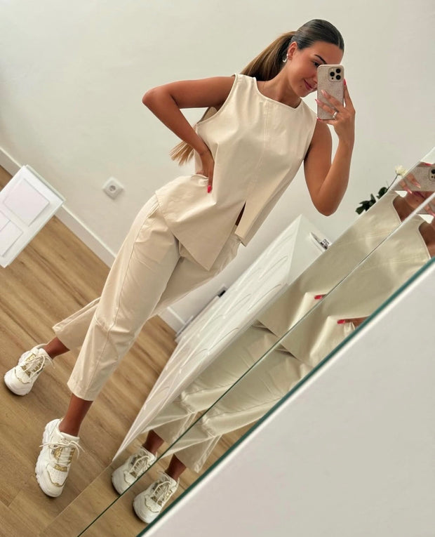 Conjunto assimétrico bege pérola