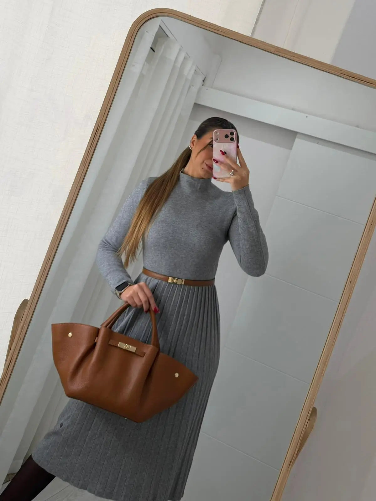 Vestido Cinzento Malha Plissado